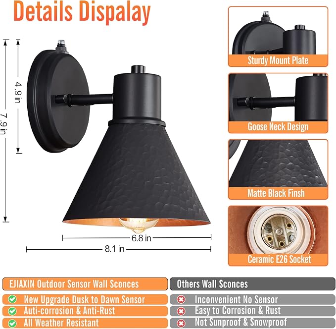 2 Pack Dusk to Dawn Outdoor Wall Sconces, Exterior Farmhouse Barn Light, Vintage Black Outside Wall Lighting Fixture with Hammered Shade, Anti-Rust Waterproof Outdoor Light for House Porch Garage