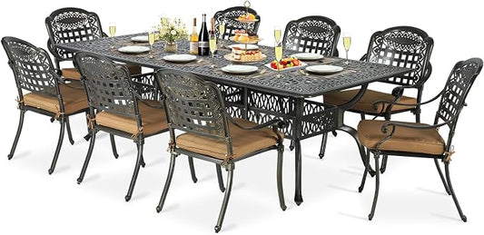 9-Piece Patio Cast Aluminum Dining Set, Outdoor Table and Chairs Set for 8, Includes 94.5" Rectangular Dining Table and 8 Cushioned Chairs with Umbrella Hole for Backyard Lawn Garden, Tan