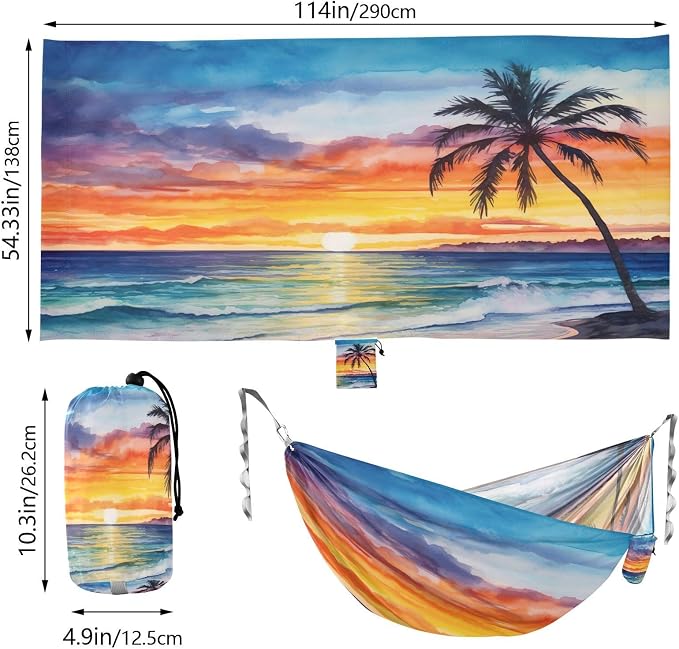 Qilmy Sunset Camping Hammock Single – 330 lbs Capacity, Lightweight with Tree Straps & Carabiners, Portable for Hiking, Travel, Backpacking