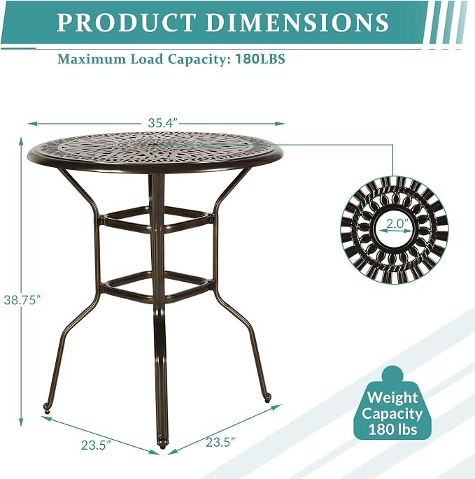 MEETWARM Patio Height Bar Table, 35.4" Bar Height Bistro Table, Outdoor Cast Aluminum Bistro Round High Top Dining Table with 2" Umbrella Hole for Garden Deck Backyard, Dark Bronze