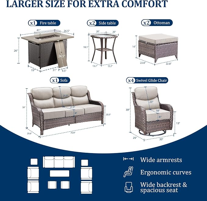 Luxury Swivel Rocker Chairs Fire Pit Set with 6" Thick Cushion 10 piece Wicker Outdoor Patio Chair with Sofa and Ottoman,Comfortable High Back Outdoor Patio Furniture Set - Brown | Beige