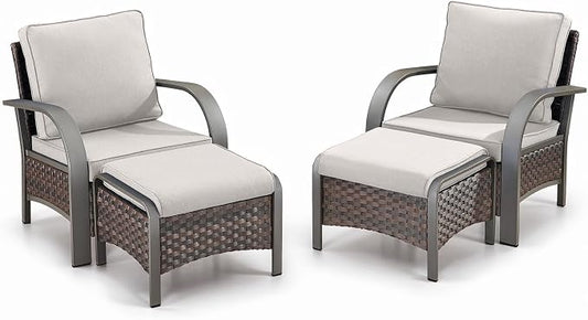 Belord 4 Pieces Wicker Patio Furniture Set Outdoor Patio Chairs with Ottomans All Weather Rattan Outdoor High Back Deep Seating Furniture for Porch Deck Sunroom Backyard