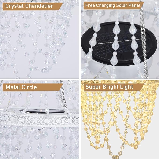 Solar Hanging Crystal Chandelier Outdoor Decorative Garden Light | Acrylic crystals with 54 warm LEDs powerful solar battery for elegant, waterproof garden gazebo, party, wedding, tree decor