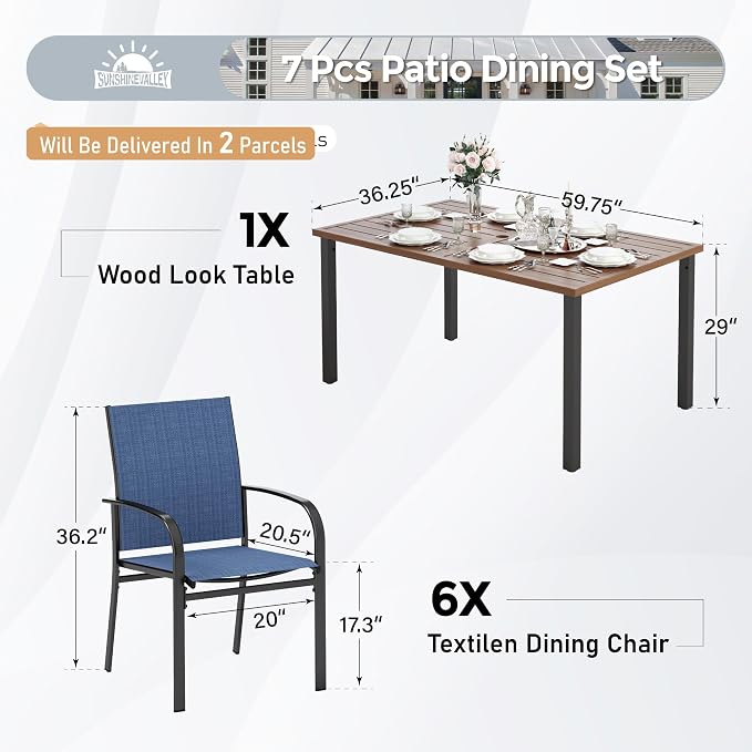 SUNSHINE VALLEY Patio Dining Set for 6, Rectangular Wood-Like Metal Table with Umbrella Hole and 6 Dining Chairs, Outdoor Table and Chairs for Lawn Garden Backyard and Deck,Blue