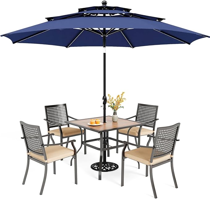 PHI VILLA Outdoor Table Chairs Set w/Umbrella, 5pc Patio Metal Furniture | 37" wrought iron square table w/ polywood top & stackable chairs for 4. 10ft blue umbrella. Dining set for deck, porch