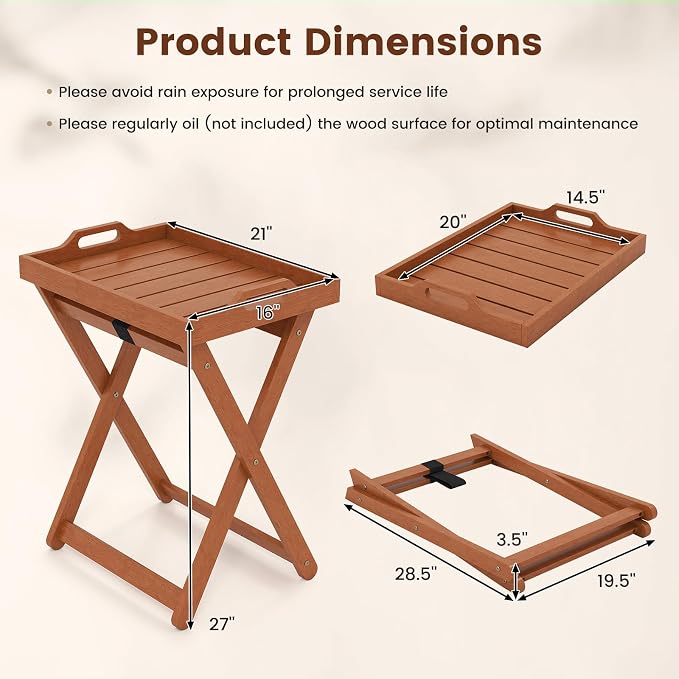 Tangkula Outdoor Wood Tray Table, Patio Portable Side End Table with Removable Serving Tray and Folding Frame, Outside Coffee Bistro Furniture for Porch, Balcony and Garden (2)