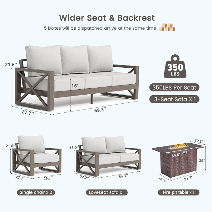 UDPATIO Aluminum Patio Furniture Set, Faux Wood Grain Modern Outdoor Furniture, 6" Cushions Metal Patio Conversation Sofa with Fire Table for Poolside Deck, 8 PCS, Beige(Include 600D Covers)