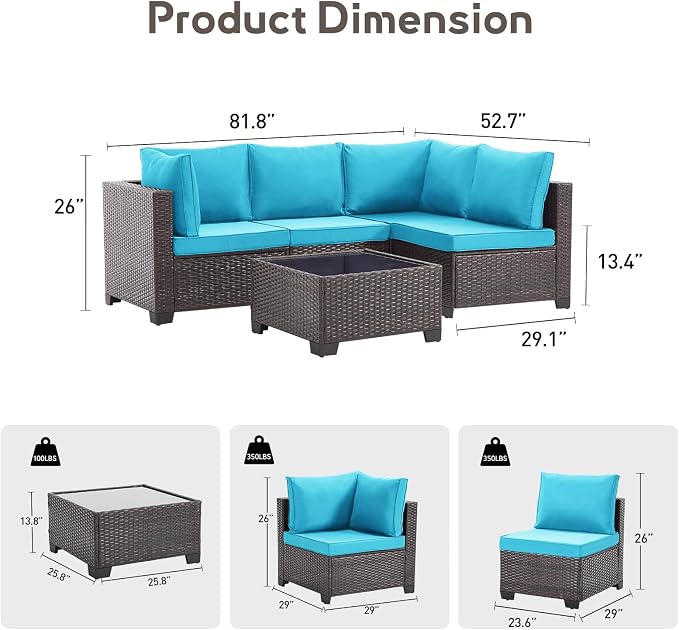 Bonzy Home 5 Pieces Outdoor Patio Furniture Set, PE Rattan Outdoor Sectional Furniture Sofa Set with Removable Cover and Glass Coffee Table, Patio Sofa for Balcony, Porch, Garden, (Brown-Turk Blue)