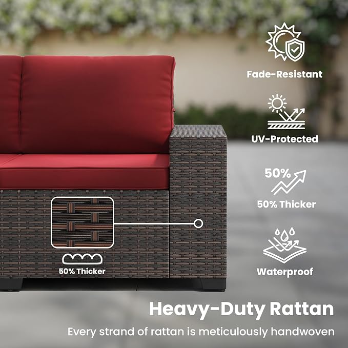 Soohow 7-Piece Patio Furniture Set with 44" Fire Pit Table, Outdoor Sectional Wicker Rattan Conversation Set for Garden, Porch, Backyard - Wine Cushions