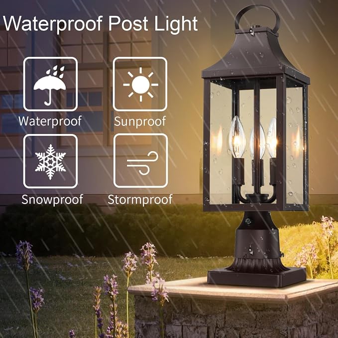 18.62'' Dusk to Dawn Post Light Outdoor, Large 3-Light Lamp Post Light | Modern Pillar Outside Lighting Waterproof Post Lantern Lamp Outdoor Post Light Fixtures Pole Lights for Porch, Brown