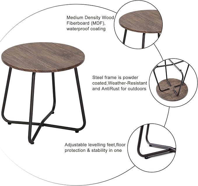 VECELO Outdoor Side Table,17.7 inch Small Round Patio Table,Waterproof Wood Table with Weather Resistant Steel Adjustable for Living Room Bedroom Garden Yard Balcony Porch Poolside
