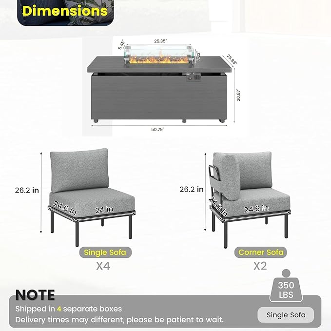 Sundale Outdoor 7 Pieces Patio Furniture Set with Fire Pit Table, L-Shaped Outdoor Sectional Sofa with 6 Inch Olefin Cushion, All-Weather Modern Metal Outdoor Conversation Sets (Grey/Dark Grey)