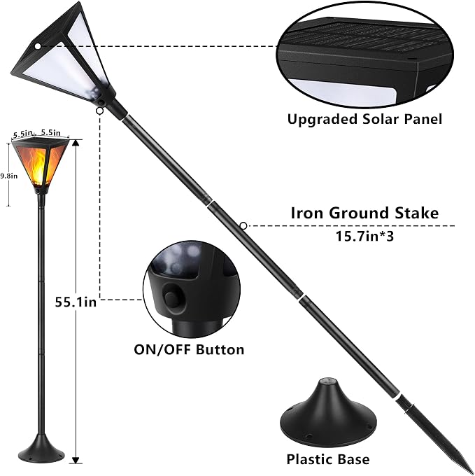 iBaycon 2 Pack 55in Solar Flame Post Lights Outdoor Landscape Pathway Lamp | Solar Garden Lights Warm White, Flickering Flame Light Outdoor Waterproof for Yard Lawn Pathway Landscape Decorations