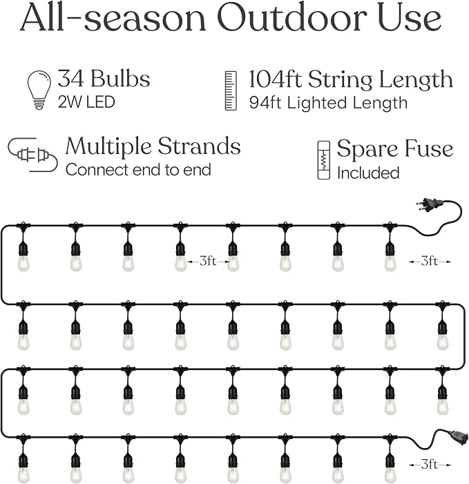Brightech Ambience Pro 105Ft LED String Lights - 2W Commercial Grade Patio Lighting Outdoor Waterproof - Heavy Duty Dimmable Vintage Edison Porch Lights for Outside, Backyard - 34 Bulbs, Soft White