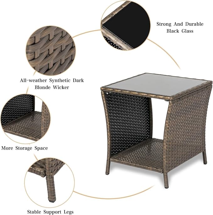 Kinfant Wicker Rattan Coffee Table - Square Tempered Glass Top Furniture with Storage for Outdoor Backyard Lawn Balcony Pool Patio