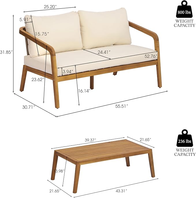Merax 4-Piece Outdoor Patio Furniture Set, Acacia Wood Conversation Set with PE Wicker Backrest & Comfort Cushions for Backyard, Garden & Poolside