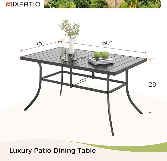 MIXPATIO Outdoor Patio Dining Table for 6, 60" x 35" Rectangular Metal Patio Dining Table with Umbrella Hole for Garden, All Weather Wrought Iron Black Outdoor Table for Backyard and Porch