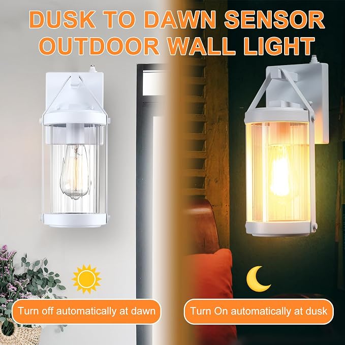 Dusk Dawn Sensor Outdoor Wall Sconce White Exterior Porch Lantern | Modern Outside Garage Light Fixtures Waterproof Wall Mount Lamp for House Patio Front Door