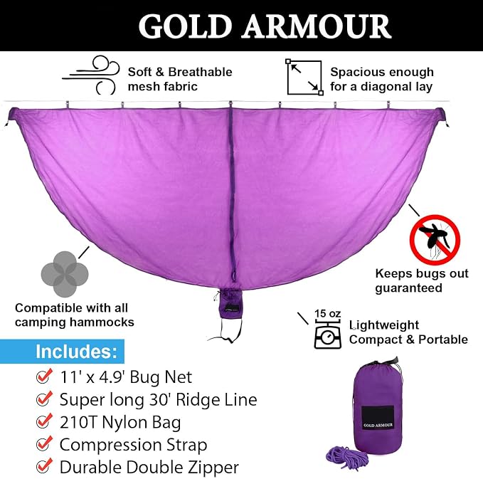 Gold Armour Hammock Bug Net, Mosquito Net Bugs - Premium Mesh Netting, Guardian of No See Um and Insects - Perfect Equipment Gear Accessories for Your Double Hammocks and Single Hammock (Purple)