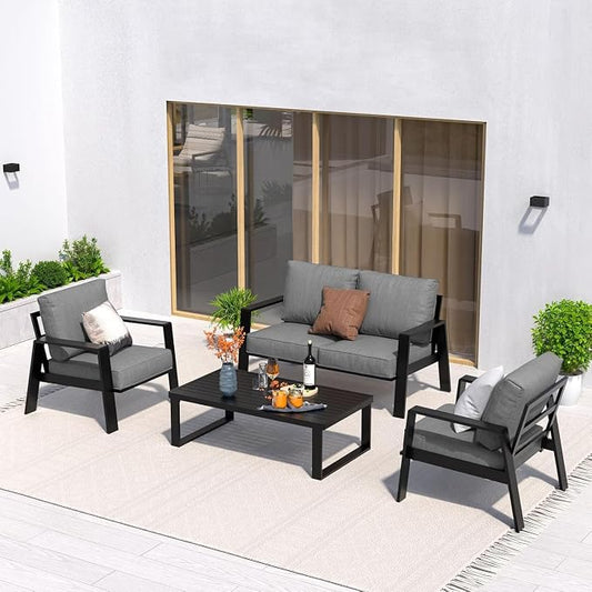 Aluminum Outdoor Patio Furniture Set, 4 Piece Sectional Coversation Sets with Coffee Table, Modern Outdoor Sofa Couch with Thick Cushions for Porch, Balcony, Garden, Dark Gray