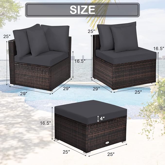 Tangkula 4 Pieces Patio Rattan Sofa Set, Outdoor Wicker Sectional Furniture Set, Patio Conversation Set with Removable Cushions & Pillows for Backyard Porch Garden Poolside Balcony (Gray)