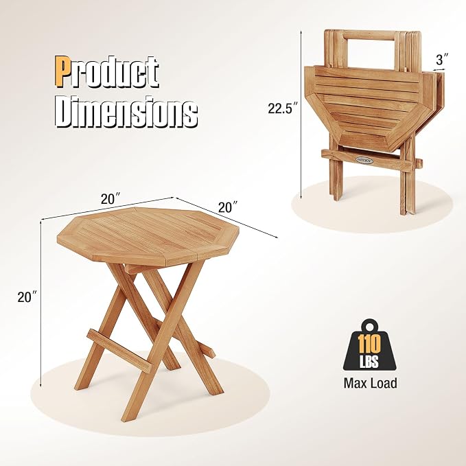 RELAX4LIFE Folding Outdoor Side Table - Teak Wood End Table, Octagonal Coffee Bistro Table w/Slatted Tabletop, Portable Picnic Camp Table for Poolside Porch Garden, Foldable Small Patio Table