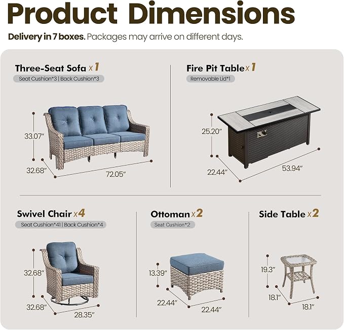 10 Piece Patio Furniture Set with Fire Pit Table, Outdoor Wicker High Back Sofa and Swivel Rocker Chairs Set of 4 with Ottoman, Large Conversation Sets for Backyard Deck Garden, Denim Blue
