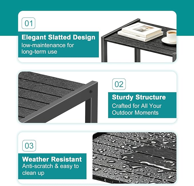 Outdoor Side Table 2 Tier Small Patio End Table with Metal Frame, Weather Resistant Square Porch Coffee Table for Patio, Deck, Garden, Backyard and Balcony, Indoor Outdoor Use, Black