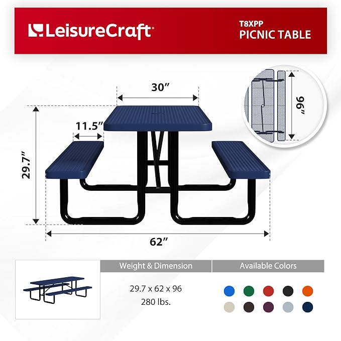 Leisure Craft Metal Picnic Table with Bench - 8 ft Rectangle Outdoor Dining Table for 8, Umbrella Hole, Weatherproof Heavy Duty Thermoplastic Coating, Commercial Grade Furniture Made in USA - Navy