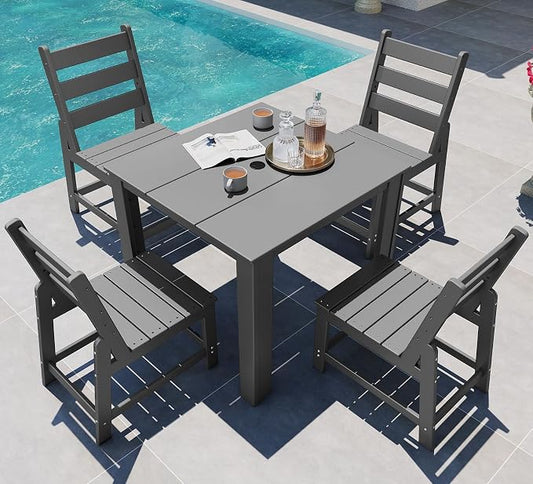GREENVINES 5-Piece-Outdoor-Dining-Set | HDPE | Square | Patio Furniture | Table and Chairs Sets for 4 | All Weather | Armless Chair | Umbrella Hole | for Backyard Poolside Garden | Grey