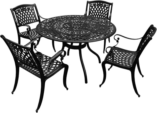Oakland Living Modern Ornate Outdoor Mesh Aluminum 48-in Black Round Patio Dining Set with Four Chairs