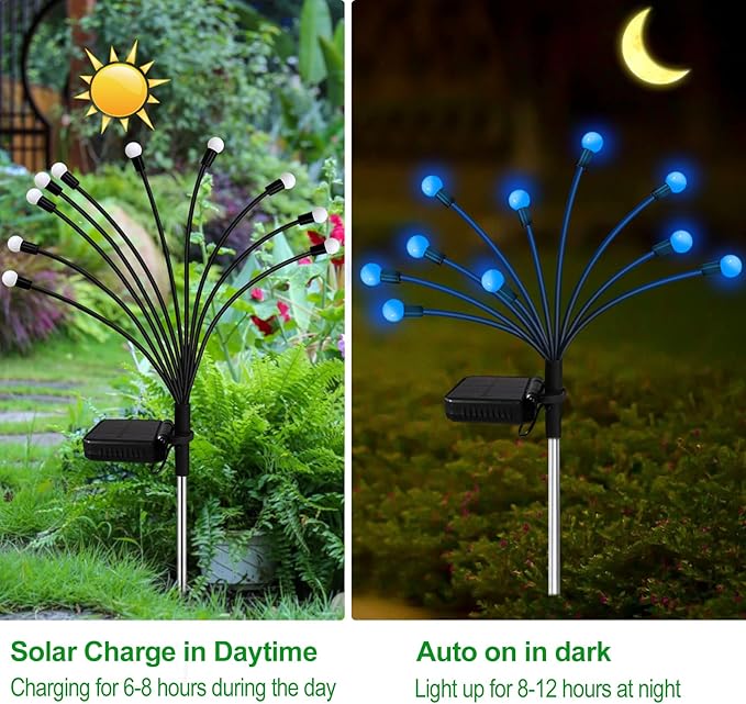 Kohlrabi Solar Garden Lights Outdoor, 4 Pack 32 LED Solar Blue Firefly Lights Waterproof, Starburst Wind Swaying Light for Outside Yard Patio Planter Flower Bed Walkway Christmas Decoration