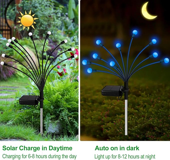 Kohlrabi Solar Garden Lights Outdoor, 2 Pack 16 LED Solar Blue Firefly Lights Waterproof, Sway by Wind, Swaying Light for Yard Patio Backyard Garden Planter Flower Bed Pathway Outdoor Decoration