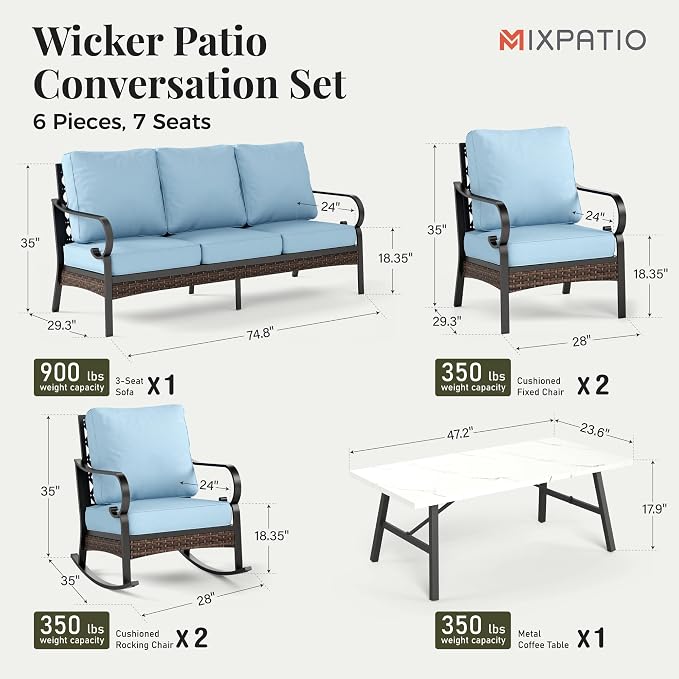 MIXPATIO Patio Furniture Set with Coffee Table, Outdoor Conversation Set with 2 x Fixed Chairs, 2 x Rocking Chairs, 1 x 3-Seat Sofa for Lawn Garden Backyard, Blue