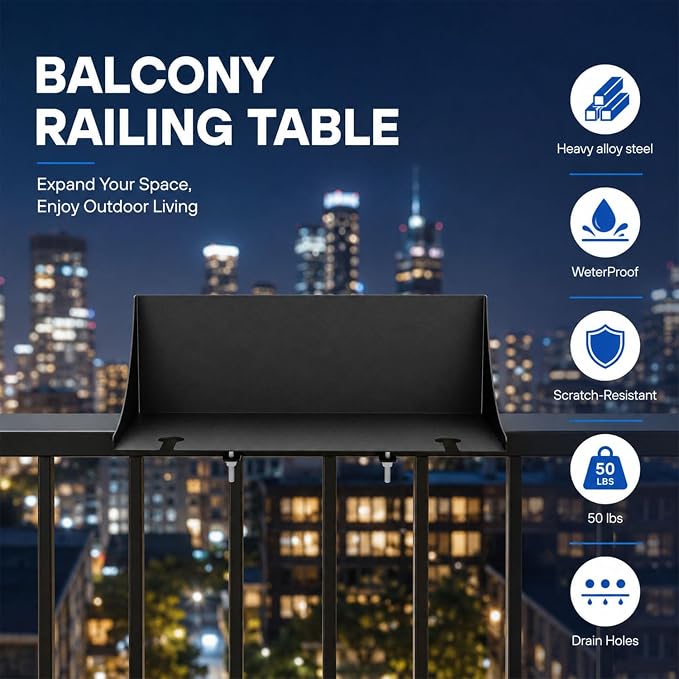 Balcony Railing Table, Clamp-On for Flat & Square Rails, Wine Glass Slots | Heavy-Duty Alloy Steel Carbon Coating, Balcony Deck Outdoor Patio, Drain Holes, Easy Installation, 17"Lx7.8"W