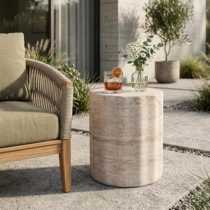 Outdoor Side Table Faux Marble End Table Faux Stone Side Tables Travertine Small Coffee Tables for Indoor Outdoor, Garden Stool Plant Stand for Porch, Backyard Patio, Cylindrical