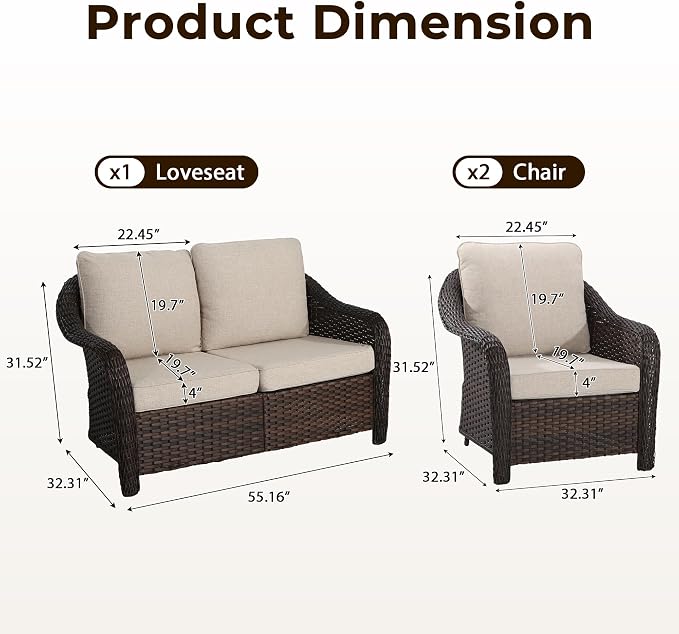 3 Piece Patio Wicker Conversation Set, All-Weather Use Outdoor Wicker Loveseat with 2 PE Rattan Chair, Ideal for Porch, Backyard, Balcony, Poolside, Beige