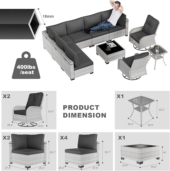 10-Piece Patio Furniture Set, Outdoor Patio Furniture with Swivel Chairs Set, Thick Cushions, Modular Patio Sofa, Dual-Strand Wicker Rattan, Rust-Resistant Frame, Black