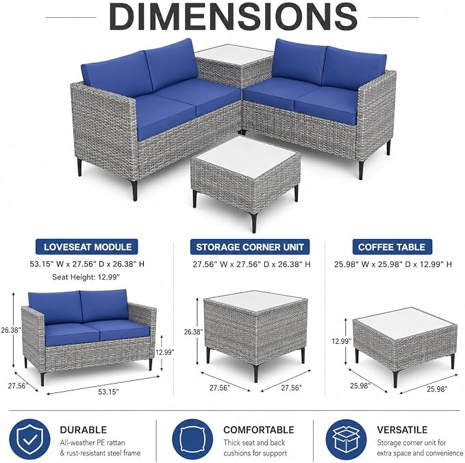 Garvee All-Weather PE Rattan Patio Furniture Set, 4 Piece Outdoor Sectional Sofa Couch with Storage Coffee Table, l-Shaped Conversation Set for Garden, Backyard, Poolside, Porch, Gray Blue