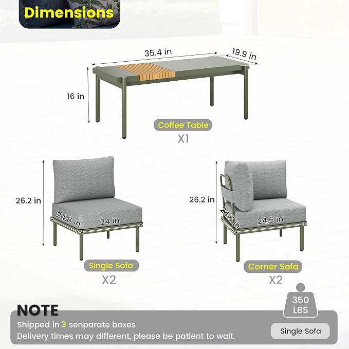 Sundale Outdoor 5 Pieces Patio Furniture Set, Metal Sectional Sofa Patio Conversation Set with Coffee Table, Modern Patio Corner Couch for Balcony, Porch, Sunroom (Grey/Green)