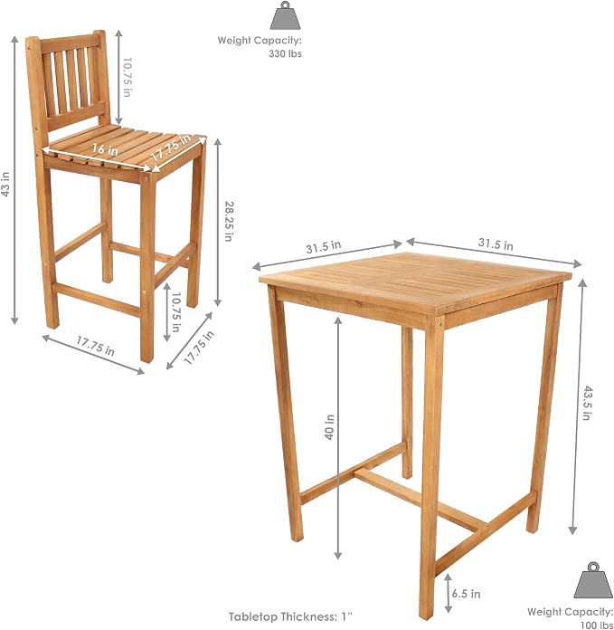 Sunnydaze 3-Piece Teak Wood Bar-Height Patio Table Set - Outdoor Bar Table and Chairs - for Balcony, Home Bar, or Deck