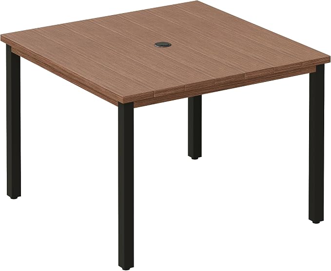 VICLLAX Square Patio Dining Table for 4, Outdoor Patio Table with Umbrella Hole for Garden Lawn Deck Backyard, Walnut Tabletop