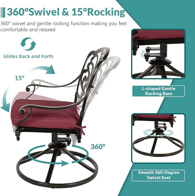 MEETWARM 9-Piece Outdoor Patio Dining Set for 8, All Weather Cast Aluminum Patio Funiture Table and Chairs Set- Large 64" Square Table and 2 Swivel Rocker Chairs, 6 Stationary, Umbrella Hole, Red