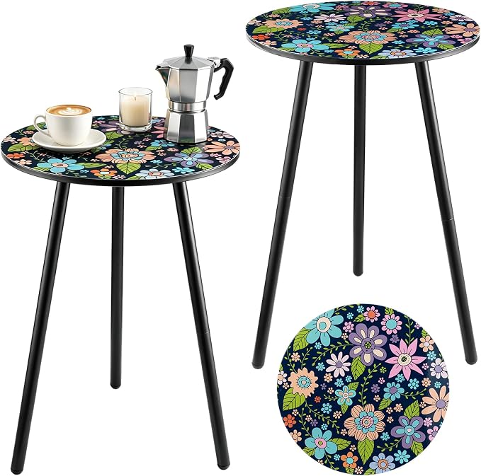 Outdoor Side Table Set of 2 Patio Side Tables for Outside Black End Tables Small Outdoor Table Round Patio End Table Metal Side Table Outside, Indoor, Bedroom, Living Room, Small Spaces, Navy Floral