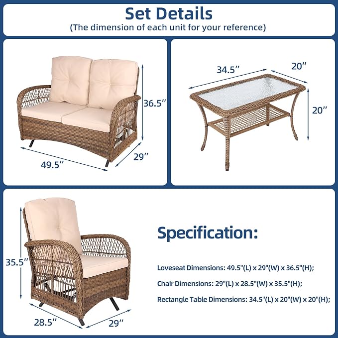 4-Piece Wicker Patio Furniture Sets Outdoor All-Weather Rattan Conversation Set Includes Glider Loveseat, Glass-Top Coffee Table, 2 Glider Rocker Chairs with Thickened Cushions