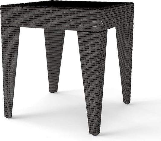 Kinfant Rattan Patio Side Table - Modern Wicker End Table, PE Coffee Table with Glass Top, Weather-Resistant Patio Furniture for Patio, Balcony, Garden, and Poolside (1, Rattan Black)
