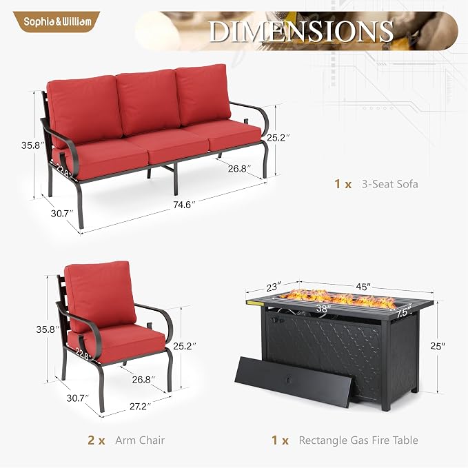 Sophia & William Patio Conversation Set for 5, 3-Seater Sofa, 2 Fixed Chairs and a 45" Fire Pit Table, Metal Outdoor Furniture with 5.75" Extra Thick Cushions, Red
