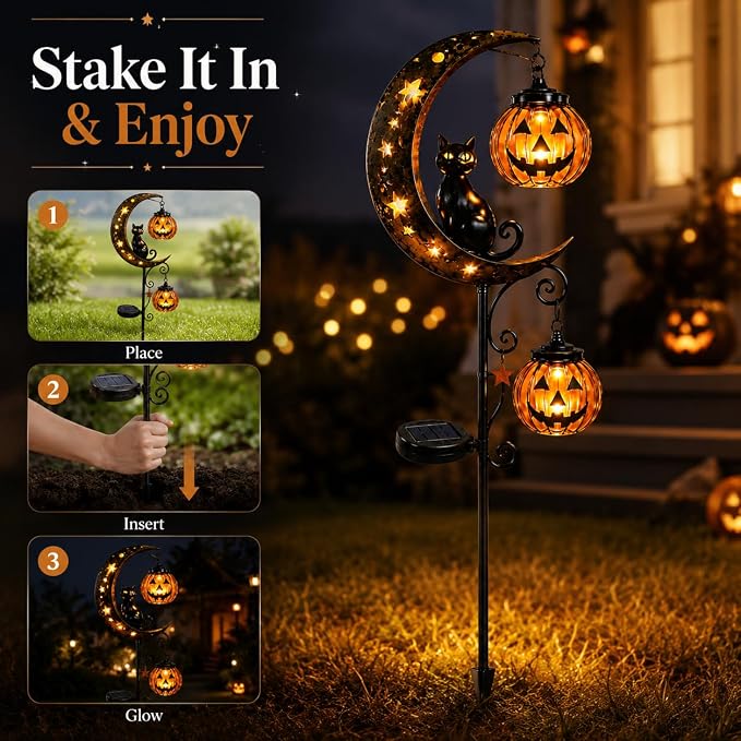 Solar Halloween Black Cat & Pumpkin Moon Garden Stake Light, Outdoor Waterproof LED Yard Decoration with Crescent Moon, Hanging Jack-o'-Lantern Lantern for Garden, Patio, Walkway, Porch (Style C C)