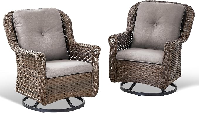 Patio Swivel Chairs Set of 2-High Back Swivel Rocker Outdoor Chair Patio Chair for Deck Porch Lawn Garden Backyard-Brown/Grey