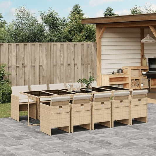 11 Piece Patio Dining Set with Cushions Beige Poly Rattan Outdoor Table and Chairs for Garden Backyard, Space-Saving Foldable, UV-Proof, Tempered Glass Top, Comfortable Seating, 242.5 lb Capacity